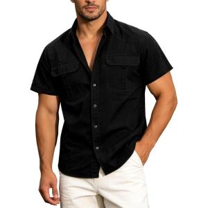image:imageFlygo Work Shirts for Men Short Sleeve Cotton Button up Western Cowboy Cargo Utility Shirt Classic Work WearBlack