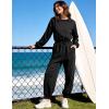 image:imageFlygo Womens Casual One Piece Jumpsuits Long Sleeve Crewneck Open Back Rompers Wide Leg Drawstring Waist Outfits with PocketsBlack