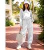 image:imageFlygo Womens Casual One Piece Jumpsuits Long Sleeve Crewneck Open Back Rompers Wide Leg Drawstring Waist Outfits with PocketsLightgrey