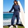 image:imageFlygo Womens Casual One Piece Jumpsuits Long Sleeve Crewneck Open Back Rompers Wide Leg Drawstring Waist Outfits with PocketsNavyblue