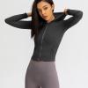 image:imageFlygo Womens Full Zip Workout Hoodie Crop Stretchy Athletic Sweatshirt JacketGrey