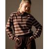 image:imageFlygo Womens Rugby Striped Polo Shirts Vintage Long Sleeve V Neck Preppy Pullover Top Y2K Lapel Collar Button Sweatshirts TeeBrownS