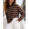 image:imageFlygo Womens Rugby Striped Polo Shirts Vintage Long Sleeve V Neck Preppy Pullover Top Y2K Lapel Collar Button Sweatshirts TeeBrownS