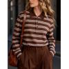 image:imageFlygo Womens Rugby Striped Polo Shirts Vintage Long Sleeve V Neck Preppy Pullover Top Y2K Lapel Collar Button Sweatshirts TeeBrownS