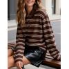 image:imageFlygo Womens Rugby Striped Polo Shirts Vintage Long Sleeve V Neck Preppy Pullover Top Y2K Lapel Collar Button Sweatshirts TeeBrownS