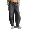 image:imageFlygo Womens Barrel Pants Cotton Wide Leg Enzyme Wash Baggy Pants High Elastic Waisted Lounge Trousers with PocketsGreyL