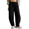 image:imageFlygo Womens Barrel Pants Cotton Wide Leg Enzyme Washed Drawstring Pants High Elastic Waisted Lounge Trousers with PocketsBlack