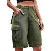 image:imageFlygo Womens Elastic Waist Cargo Denim Shorts Butt Lift MultiPockets Loose Fit Casual Bermuda ShortsArmy Green