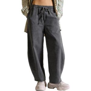image:imageFlygo Womens Barrel Pants Cotton Wide Leg Enzyme Wash Baggy Pants High Elastic Waisted Lounge Trousers with PocketsGreyL