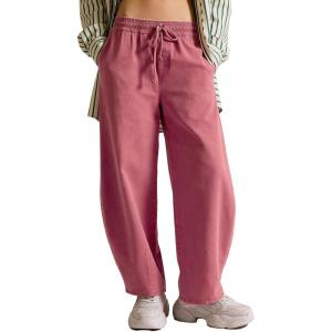 image:imageFlygo Womens Barrel Pants Cotton Wide Leg Enzyme Washed Drawstring Pants High Elastic Waisted Lounge Trousers with PocketsCoralpink