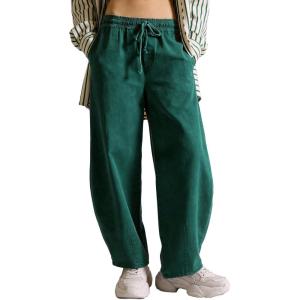 image:imageFlygo Womens Barrel Pants Cotton Wide Leg Enzyme Washed Drawstring Pants High Elastic Waisted Lounge Trousers with PocketsOlivegreen