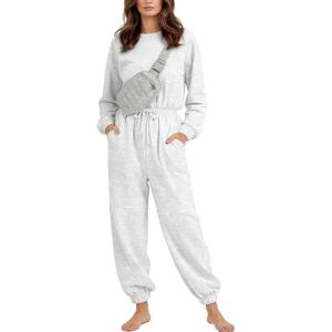image:imageFlygo Womens Casual One Piece Jumpsuits Long Sleeve Crewneck Open Back Rompers Wide Leg Drawstring Waist Outfits with PocketsLightgrey