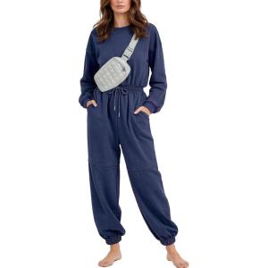 image:imageFlygo Womens Casual One Piece Jumpsuits Long Sleeve Crewneck Open Back Rompers Wide Leg Drawstring Waist Outfits with PocketsNavyblue