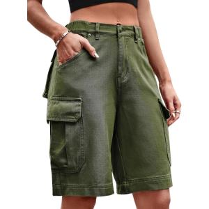 image:imageFlygo Womens Elastic Waist Cargo Denim Shorts Butt Lift MultiPockets Loose Fit Casual Bermuda ShortsArmy Green