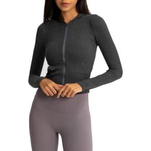 image:imageFlygo Womens Full Zip Workout Hoodie Crop Stretchy Athletic Sweatshirt JacketGrey