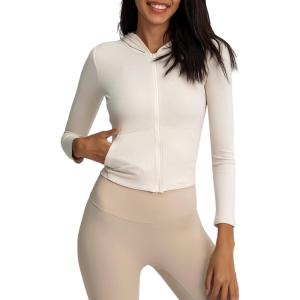 image:imageFlygo Womens Full Zip Workout Hoodie Crop Stretchy Athletic Sweatshirt JacketWhite