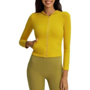 image:imageFlygo Womens Full Zip Workout Hoodie Crop Stretchy Athletic Sweatshirt JacketYellow