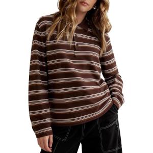 image:imageFlygo Womens Rugby Striped Polo Shirts Vintage Long Sleeve V Neck Preppy Pullover Top Y2K Lapel Collar Button Sweatshirts TeeBrownS