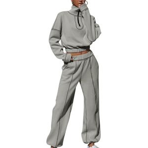 image:imageFlygo Womens Sweat Set Fleece Sweatsuit 2 Piece Outfit Half Zip Pullover Sweatshirt Joggers Tracksuit SetsLight Grey