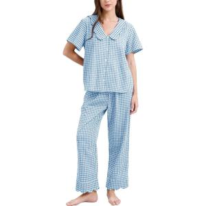 image:imageFlygo Womens Gingham Pajamas Set Cotton 2 Piece Pj Set Scalloped Collar Babydoll Shirt Pants Plaid Y2K Lounge SetsBlue