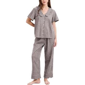 image:imageFlygo Womens Gingham Pajamas Set Cotton 2 Piece Pj Set Scalloped Collar Babydoll Shirt Pants Plaid Y2K Lounge SetsCoffee