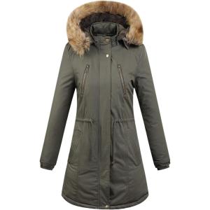 image:imageFlygo Womens Winter Warm Hooded Thicken Fleece Lined Parkas Long Coat Puffer Jacket Large Army Green