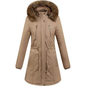 image:imageFlygo Womens Winter Warm Hooded Thicken Fleece Lined Parkas Long Coat Puffer Jacket XSmall Khaki