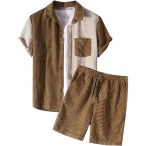 image:imageFlygo Mens 2 Piece Casual Sets Button Down Shirt and Shorts Waffle Set Summer Beach Outfits TracksuitsBrown
