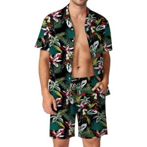 image:imageFlygo Mens 2 Piece Hawaiian Shirts and Shorts Set 80s 90s Outfit Summer Beach SuitGreen