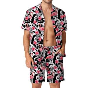 image:imageFlygo Mens 2 Piece Hawaiian Shirts and Shorts Set 80s 90s Outfit Summer Beach SuitPink
