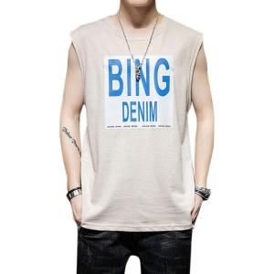 image:imageFlygo Mens Cotton Letters Printed Summer Sleeveless Shirt Muscle Workout Training Tank TopsBeige
