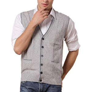 image:imageFlygo Mens Basic VNeck Jacquard Knitted Sweater Vest Waistcoat with Button Front Small Light Grey