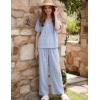 image:imageFlygo Gingham Pajamas for Women Puff Short Sleeve Babydoll Set Cute 2 Piece Henley Top Wide Leg Pants Lounge Pjs SetsBlue