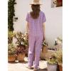 image:imageFlygo Gingham Pajamas for Women Puff Short Sleeve Babydoll Set Cute 2 Piece Henley Top Wide Leg Pants Lounge Pjs SetsPurple