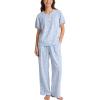 image:imageFlygo Gingham Pajamas for Women Puff Short Sleeve Babydoll Set Cute 2 Piece Henley Top Wide Leg Pants Lounge Pjs SetsBlue