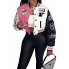 image:imageFlygo Varsity Bomber Jacket Women Print Casual Button Collar Baseball Uniform Jackets Coats for WomenPinkXL