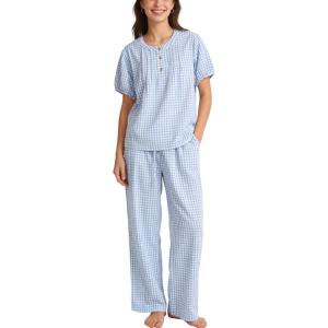 image:imageFlygo Gingham Pajamas for Women Puff Short Sleeve Babydoll Set Cute 2 Piece Henley Top Wide Leg Pants Lounge Pjs SetsBlue