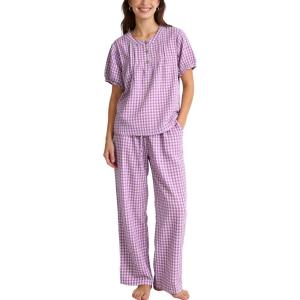 image:imageFlygo Gingham Pajamas for Women Puff Short Sleeve Babydoll Set Cute 2 Piece Henley Top Wide Leg Pants Lounge Pjs SetsPurple