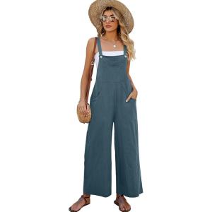 image:imageFlygo Womens Cotton Bib Overalls Loose Fit Wide Leg Jumpsuits Casual Rompers with PocketsBlue Grey