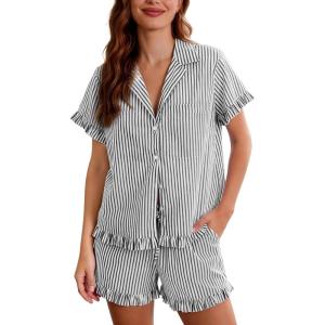 image:imageFlygo Womens Striped Pajama Set Cotton 2 Piece Lounge Pajamas Sets Short Sleeve Ruffle Shirt Shorts Y2K Pj SleepwearBlack
