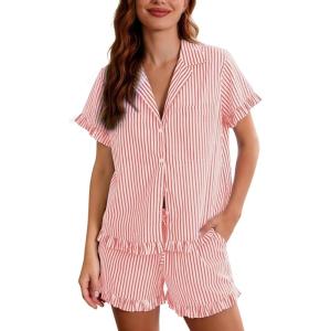 image:imageFlygo Womens Striped Pajama Set Cotton 2 Piece Lounge Pajamas Sets Short Sleeve Ruffle Shirt Shorts Y2K Pj SleepwearOrange Red