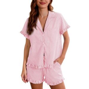 image:imageFlygo Womens Striped Pajama Set Cotton 2 Piece Lounge Pajamas Sets Short Sleeve Ruffle Shirt Shorts Y2K Pj SleepwearPink