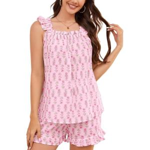 image:imageFlygo Womens Summer Floral Pajama Set 2 Piece Ruffle Cami Top amp Shorts Soft Cotton Blend Loungewear Sleepwear with PocketsRose