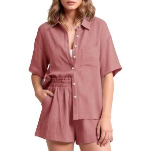 image:imageFlygo Women Casual 2 Piece Outfits Cotton Pajama Sets Loungewear Loose Button Down Shirt Shorts Gauze Set BeachwearCoral Pink
