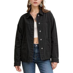 image:imageFlygo Womens Button Down Denim Shirt Lightweight Chambray Long Sleeve Blouse Tops Casual Lapel Collar Shacket with PocketsBlack