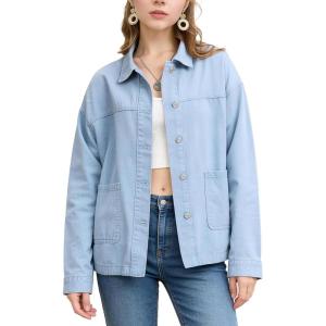 image:imageFlygo Womens Button Down Denim Shirt Lightweight Chambray Long Sleeve Blouse Tops Casual Lapel Collar Shacket with PocketsBlue