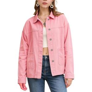 image:imageFlygo Womens Button Down Denim Shirt Lightweight Chambray Long Sleeve Blouse Tops Casual Lapel Collar Shacket with PocketsPink