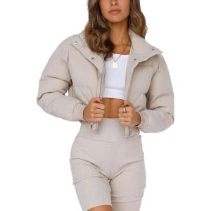 image:imageFlygo Womens Cropped Puffer Jacket Full Zip Winter Quilted Down Coat OutwearBeige