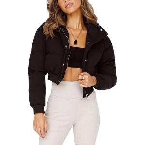 image:imageFlygo Womens Cropped Puffer Jacket Full Zip Winter Quilted Down Coat OutwearBlack