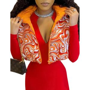 image:imageFlygo Womens Cropped Puffer Vest Zip Up Stand Collar Sleeveless Printed Padded Bubble VestOrange